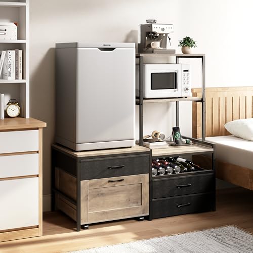 Herture Mini Fridge Stand with Wine Rack, Kitchen Bakers Rack with Power Outlet, Microwave Oven Stand, Coffee Bar, Movable Drawers, for Dorm,Office, Grey HB04BXZ - color: Griege