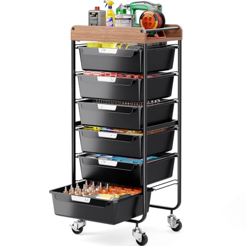 SYKIARIOL Utility Cart with 6 Labeling Drawers and Wooden Tabletop – Rolling Storage Cart for Crafters, Artists, Kids, Teachers, and Students – Organize Arts, Crafts, Sewing & Study Supplies - color: Classic Black, size: 6-Drawer