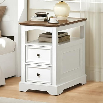 Farmhouse End Table with 2 Drawers, Narrow Sofa Side Table with Storage and Open Shelf, Wooden Nightstand for Small Spaces, Bedroom, Living Room, White and Walnut - color: White and Walnut