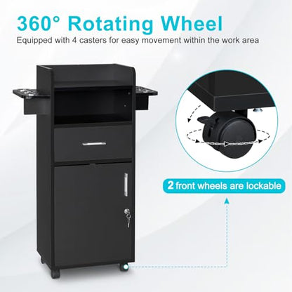 Winado Beauty Salon Trolley Cart, Salon Cabinet with 360° Wheels, 6 Tool Holders, 1 Drawer, Salon Station Rolling Cart for Hair Stylist Beauty Spa Barbershop, Black