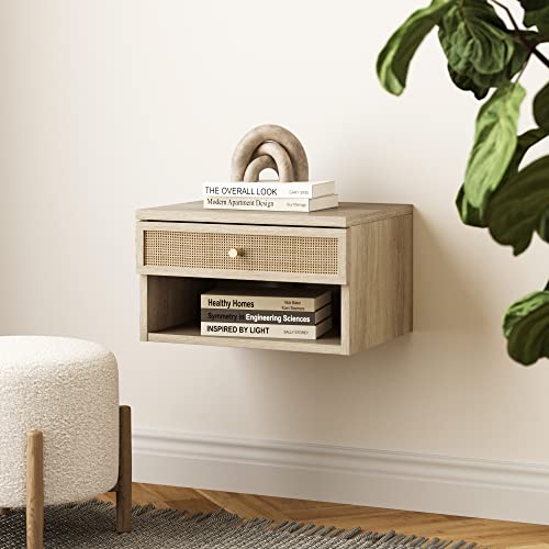 Nathan James Jackson Wall Mounted Rattan Floating Bedroom Nightstand with Storage Drawer and Modern Open Shelf Cubby, Light Oak/Rattan - color: Light Oak/Rattan, size: 1