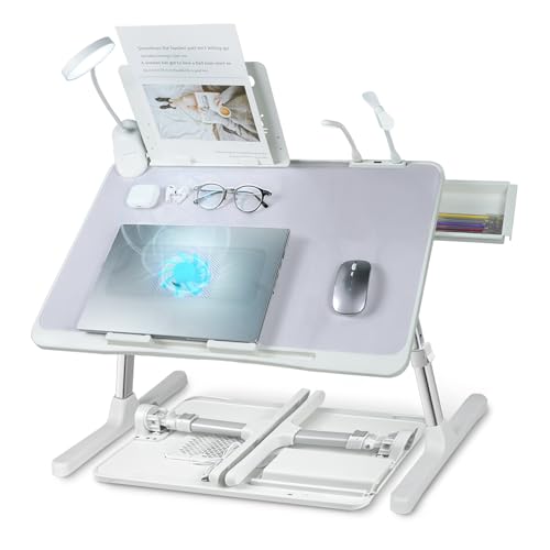 Laptop Lap Desk with Cooling Fan - Adjustable with Light, USB, Storage Drawer - Folding Bed Desk,22.04"*12.59",Grey - color: Grey,56-32cm