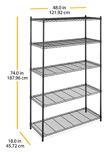 Whitmor Supreme 5 Tier Adjustable Shelving - 500 Pound Weight Capacity Per Shelf - Leveling Feet - color: Black, size: 18" x 48" x 74"