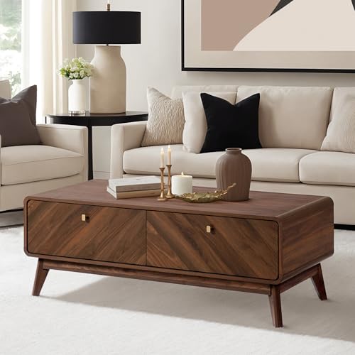 LuxenHome Coffee Table with Storage, 47" Mid Century Modern Coffee Table, Live Edge Coffee Tables for Living Room, Wooden Center Table with Ample Storage Space - color: A Walnut Color