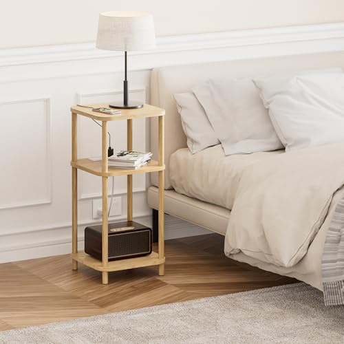 Bamboo End Table with Charging Station, Side Table for Small Space, Small Table Stand, Narrow Wooden Bedside Table Nightstand with Shelves, for Nursery, Living Room, Bedroom, Natural - color: Natural