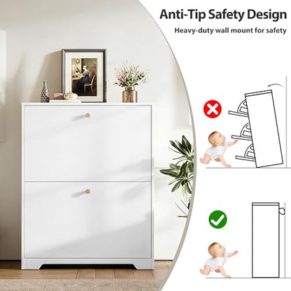 Nicetree Shoe Cabinet with 2 Flip Drawers, Narrow Shoe Organizer Cabinet, Freestanding Shoe Rack Cabinet, Modern Shoe Storage Cabinet for Entryway, Hallway, Foyer, White with Hook - color: White, style: 2-Drawers with Hook