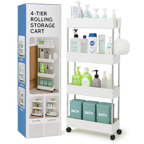 Modern Home 4-Tier Rolling Storage Cart with Bins – Slim Organizer for Bathroom, Kitchen, Laundry & Pantry – Mobile Utility Shelves with Wheels