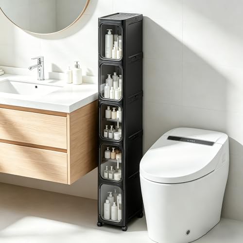 LXLXXL 5-Tier Narrow Storage Cabinet Slim Bathroom Storage Cabinet with Movable Wheels Tall Bathroom Organizer Skinny Cabinet for Small Spaces, Black - color: Black, size: 5-tier