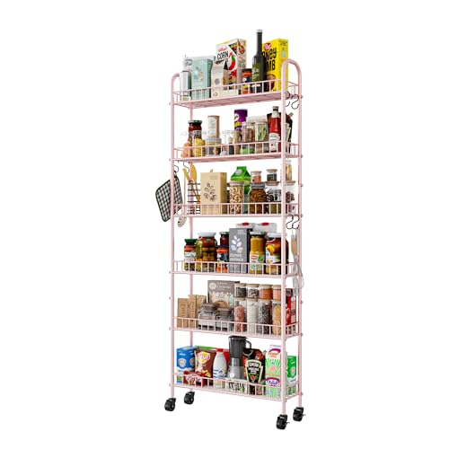 6 Tier Slim Rolling Storage Cart with Wheels, Metal Mobile Shelving Unit Organizer Utility Cart for Office Bathroom Kitchen Laundry Room Narrow Places (Pink 6 Inches) - size: Pink 6 Inches