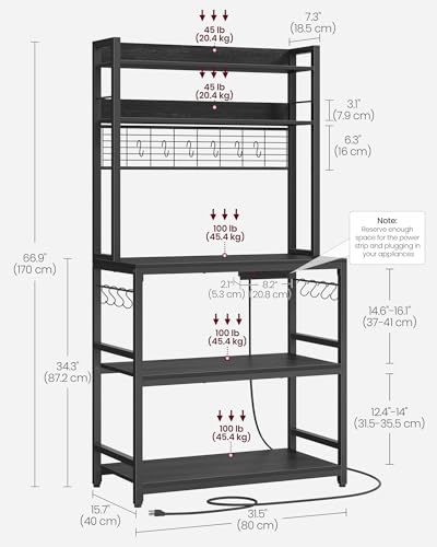 VASAGLE Bakers Rack with Power Outlet, Microwave Stand, Kitchen Tall Utility Storage Shelf, with Metal Wire Panel, 14 Hooks, 15.7 x 31.5 x 66.9 Inches, Charcoal Gray and Ink Black UKKS025B22 - color: Charcoal Gray + Ink Black, size: 31.5"W