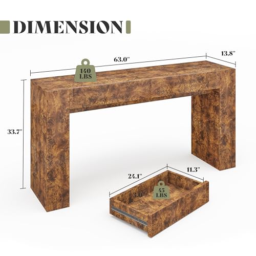 AMERLIFE 63" Burl Wood Console Table, Modern High Gloss Entryway Table with 2 Storage Drawers, Long Sofa Table Behind the Couch for Entrance, Hallway, Foyer, Living Room, Brown - color: Brown