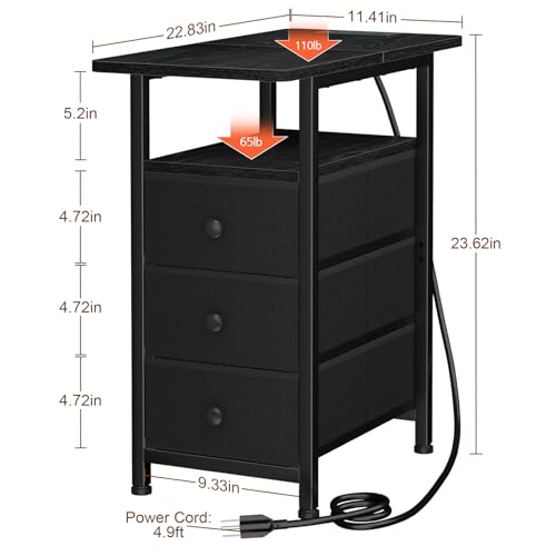 AMHANCIBLE End Tables Living Room with Charging Station, Narrow Side Table with USB Ports and Outlets, Slim Nightstand with 3 Fabric Drawers for Bedroom, Small Space, Black, HETN013BK-1 - color: Black, style: Power