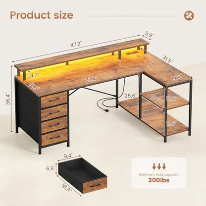 SEDETA L Shaped Desk with 4 Drawers, Shelves, Power Outlets, Rustic Brown | L Shaped Gaming Desk with LED Lights , Computer Desk with Shelves & Drawer, Corner Desk Home Office Desk - color: Rustic Brown