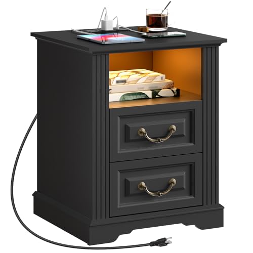 RALGEND Farmhouse Nightstand with Charging Station, Night Stand with 2 Drawers, End Tables Living Room, LED Bed Side Table with Open Shelf, End Table for Bedroom, Living Room, Black - color: Black