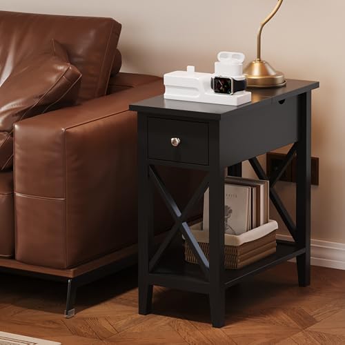 ChooChoo End Table, Flip Top Narrow End Table with Drawer | Narrow Side Table with Flip Top, Accent Small Side Table Nightstand for Living Room, Bedroom, and Small Spaces, Black - color: Black, size: 1 Pack, style: Without Power