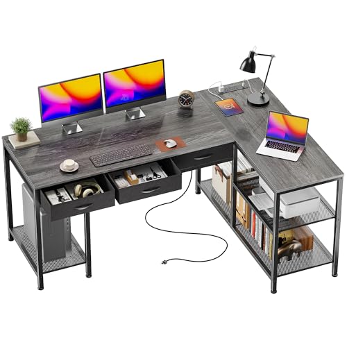 PRAISUN 55 Inch L Shaped Office Desk with Power Outlets and Type-C Port, Large Computer Gaming Desk with 3 Fabric Drawers, Mesh Shelves, Corner Study Work Writing Desk, Grey - color: Grey, size: 55.1inch