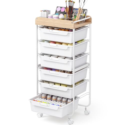SYKIARIOL Rolling Cart with 6 Drawers,Art Craft Organizer and Storage,White | Utility Storage Cart with Drawers,Makeup Organizer With Wooden Tabletop - color: White, size: 6-Drawers