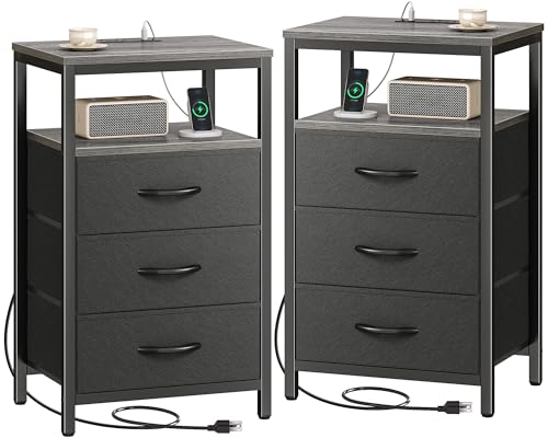 Huuger Nightstands Set of 2, 27.6 Inch End Tables with Charging Station, Fabric Drawers, Bedside Tables with USB Port and Outlet, Night Stands for Bedroom, Charcoal Gray - color: Charcoal Gray and Black, size: 11.8"D x 15.7"W x 27.6"H (3 Drawers)