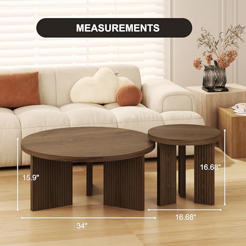 Nesting Coffee Table Set of 2, Brown | Modern Wooden Coffee Table, Circle Tea Table and End Table Set, Accent Center Tables for Living Room, Office - color: Brown, style: Coffee Table Set of 2