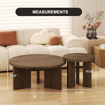 Nesting Coffee Table Set of 2, Brown | Modern Wooden Coffee Table, Circle Tea Table and End Table Set, Accent Center Tables for Living Room, Office - color: Brown, style: Coffee Table Set of 2