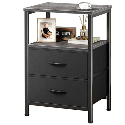 Huuger Night Stand with 2 Drawers, Bed Side Table with Open Shelf, Wooden Top, Nightstand for Bedroom, End Table for Small Space, Fabric Drawer, Grey - color: Gray and Black