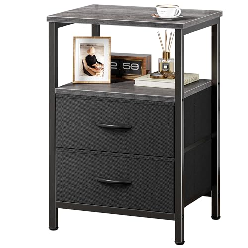 Huuger Night Stand with 2 Drawers, Bed Side Table with Open Shelf, Wooden Top, Nightstand for Bedroom, End Table for Small Space, Fabric Drawer, Grey - color: Gray and Black