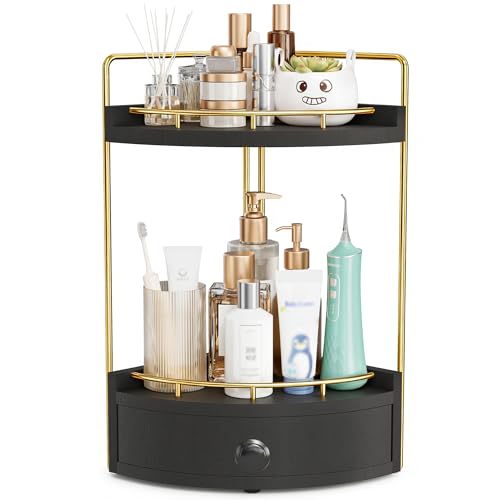 2-Tier Corner Bathroom Counter Organizer with Drawer, Black Gold | Embedded Screw Holes, Wooden Countertop Organizers, Space-Saving, Bottom Ventilation Design, Counter Shelf for Vanity - color: Black Gold
