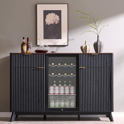 OKD 60" Fluted Coffee Bar Cabinet with Mini Fridge Space, Black and Walnut | Mini Fridge Compatible, Built In Charging Station, 3 Stemware Racks, 2 Drawers, 2 Cabinets, Home Bar Cabinet Storage - color: Black and Walnut