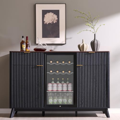 OKD 60" Fluted Coffee Bar Cabinet with Mini Fridge Space, Black and Walnut | Mini Fridge Compatible, Built In Charging Station, 3 Stemware Racks, 2 Drawers, 2 Cabinets, Home Bar Cabinet Storage - color: Black and Walnut
