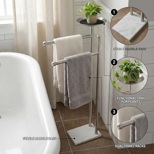 Songtec Bath Towel Rack Stand for Bathroom, 2-Tier Towel Holder Stand for Bath Towels Max to 68” & 60” Long, Practical Shelf on Top for Phone, Shampoo, Body Wash