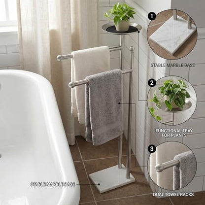Songtec Bath Towel Rack Stand for Bathroom, 2-Tier Towel Holder Stand for Bath Towels Max to 68” & 60” Long, Practical Shelf on Top for Phone, Shampoo, Body Wash