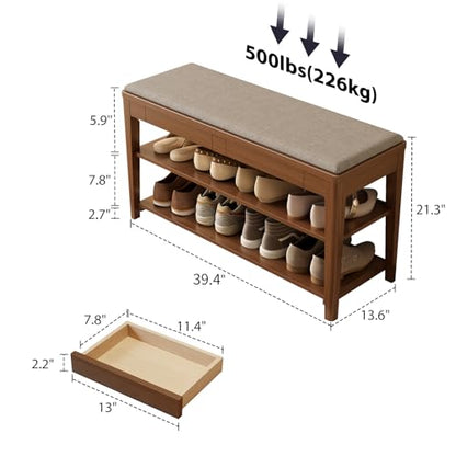 Shoe Bench with Storage, Wooden Shoe Storage Bench with Cushion&Hidden Drawer, 2-Tier Shoe Rack Bench for Entryway, Mudroom, Hallway - size: 39.4"W x 13.6"D x 21.3"H