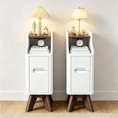 7.87" Narrow Nightstand Set of 2, 2 Drawer Nightstand with Charger Station | Wooden Thin Couch Side End Table, Skinny Bedside Table Small Spaces, Mid Century Modern Night Stand with Drawers, White-2Pcs - color: White, size: Narrow (2 drawer)