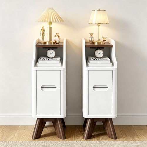7.87" Narrow Nightstand Set of 2, 2 Drawer Nightstand with Charger Station | Wooden Thin Couch Side End Table, Skinny Bedside Table Small Spaces, Mid Century Modern Night Stand with Drawers, White-2Pcs - color: White, size: Narrow (2 drawer)
