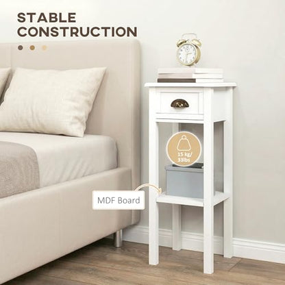 HOMCOM Narrow End Table with Drawer and Bottom Shelf, Slim Side Table for Small Spaces, Skinny Modern Accent Desk for Living Room, Set of 2, White - color: White
