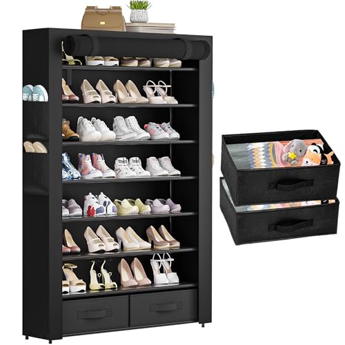 OYREL Shoe Rack Storage Cabinet with Dustproof Cover Two Boxes | 32 Pairs Tall Shoe Organizer Shelf for Closet Large Free Standing Shoe Rack Vertical Shoe Holder Stand - color: Black, size: 8Tier 33.3"W+2Bins
