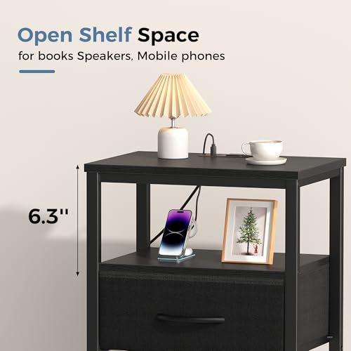 DUMOS Nightstand with Charging Station, Bedside Table with 1 USB-A, 1 USB-C & 2 AC Outlets, Fabric Drawer with Adjustable Open Shelf, Compact End Table for Bedroom, Black - color: Black, size: 15.7"Dx11.8"Wx23.4"H(1 Drawer, 1 Pack)