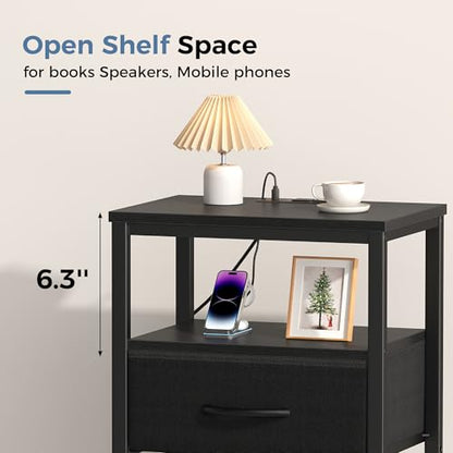 DUMOS Nightstand with Charging Station, Bedside Table with 1 USB-A, 1 USB-C & 2 AC Outlets, Fabric Drawer with Adjustable Open Shelf, Compact End Table for Bedroom, Black - color: Black, size: 15.7"Dx11.8"Wx23.4"H(1 Drawer, 1 Pack)
