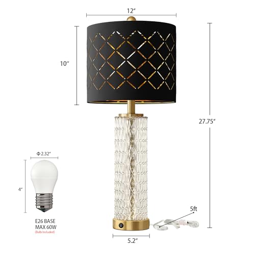 Oneach 27.75" Modern Table Lamps Set of 2, Gold Bedside Lamp with Crystal Nightlight, USB A+C, Black Grid Shade, Unique Desk Lamps for Living Room, Bedroom, Nightstand, End Table (2 Bulbs Included) - color: Gold - Black Shade
