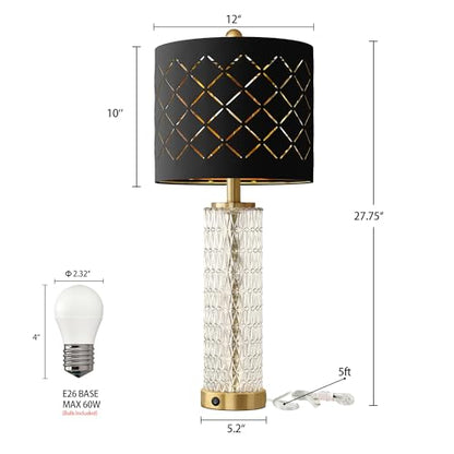 Oneach 27.75" Modern Table Lamps Set of 2, Gold Bedside Lamp with Crystal Nightlight, USB A+C, Black Grid Shade, Unique Desk Lamps for Living Room, Bedroom, Nightstand, End Table (2 Bulbs Included) - color: Gold - Black Shade