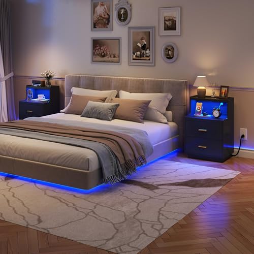 Yusong LED Nightstand Bedside Table with Charging Station 2 Drawers, Modern Sofa Couch End Side Table with LED Lights and Pull-Out Shelf for Bedroom, Black - color: Black 003
