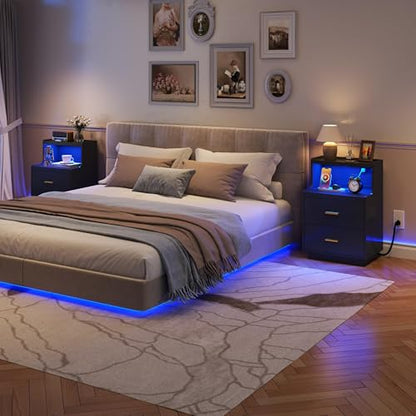 Yusong LED Nightstand Bedside Table with Charging Station 2 Drawers, Modern Sofa Couch End Side Table with LED Lights and Pull-Out Shelf for Bedroom, Black - color: Black 003