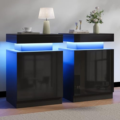 LED Nightstands Set of 2, 17 Inches Night Stand Set 2, Modern Bedside Table with LED Lights, High Gloss Surface, End Table with Storage for Bedroom, Black - color: Black-17"