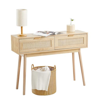 VEVOR Rattan Console Table with 2 Storage Drawers, Rattan Entryway Table with Natural Rattan Sliding Door, Console Sofa Table for Living Room, Study, Entryway Or TV Wall, Natural - size: 2 Drawers
