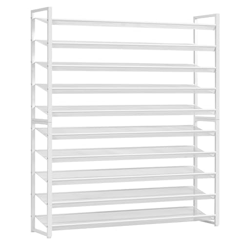 Nunsino Shoe Rack, Long Shoe Organizer,Max Holds 62 Pairs,10 Tier Metal Shoe Storage Shelf,5-Tier Stackable Shoes Organizer for Garage, Entryway,White - color: White, size: 10 Tier