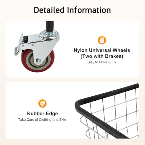 Wire Laundry Cart, Commercial Laundry Basket Cart with Wheels, 26.77"D x 21.5"W x 26"H Heavy Duty Steel Wire Hamper for Clothes Storage, Steel Frame with Galvanized, 4" Casters