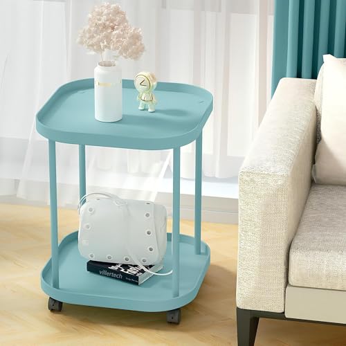 Side Table with Wheels, End Table Living Room Plastic Mobile Sofa Side Table Small Night Stand Bedroom Blue - color: Blue, size: 1 Pack