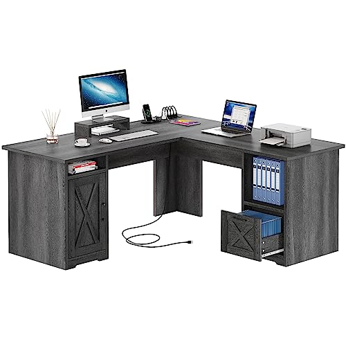 YITAHOME L Shaped Desk with Power Outlets | Computer Corner Desk, File Drawer, Monitor Stand & Storage Shelves, File Cabinet - color: Grey