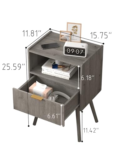 JOONEE Nightstand,Modern Bedside Table with Storage Drawer and Open Wood Shelf, for Living Room, Bedroom and Small Spaces, Accent Night Stand with Solid Wood Legs, Easy Assembly,Grey Oak - color: Grey Oak