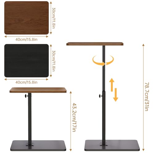 NiHome Minimalist Height Adjustable End Table, 360° Rotatable Sofa Armrest Side Tray Table, Adjustable Legs Space-Saving Couch Bedside Bathtub TV Tray C-Shaped End Table Snack Table for Eating (Brown)